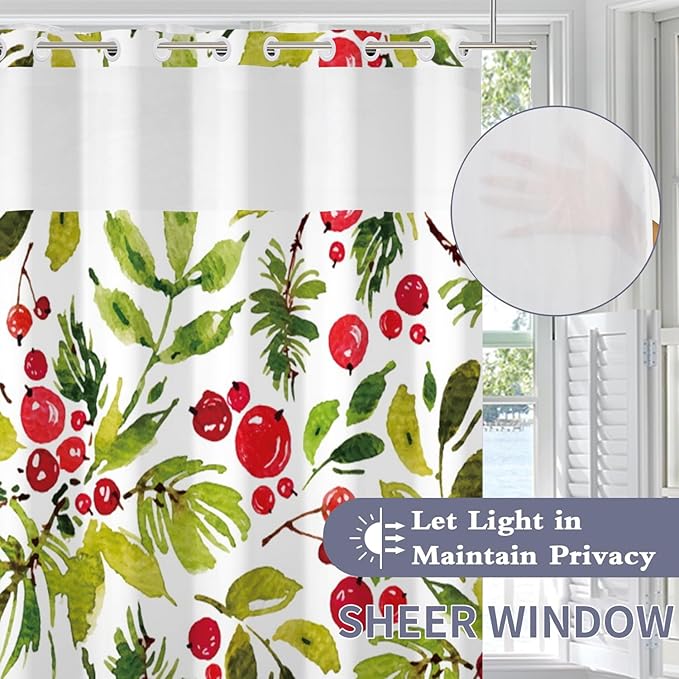 Floral Shower Curtain No Hooks with Snap-in Liner,Botanical Shower Curtains,Watercolor Fabric Holly Berry Shower Curtain Set,with See Through Top Window for Bathroom Decor,71 x 74 Inch