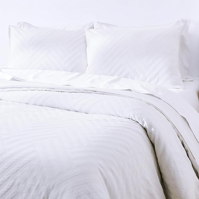 California Design Den Duvet Cover Queen Set - 100% Cotton 3 Piece White Duvet Cover & Sham Set, Soft Textured (92" x 90") - White Geo Matelassé Pattern