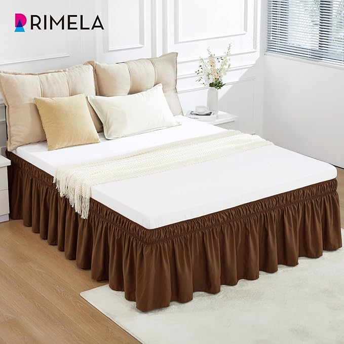 RIMELA Bed Skirt King Size 15 Inch Drop, Elastic Bed Skirting for Bed Base and Frame, Bedding Dust Ruffle Easy to Install, Wrap Around Adjustable Bedskirt, Chocolate Brown