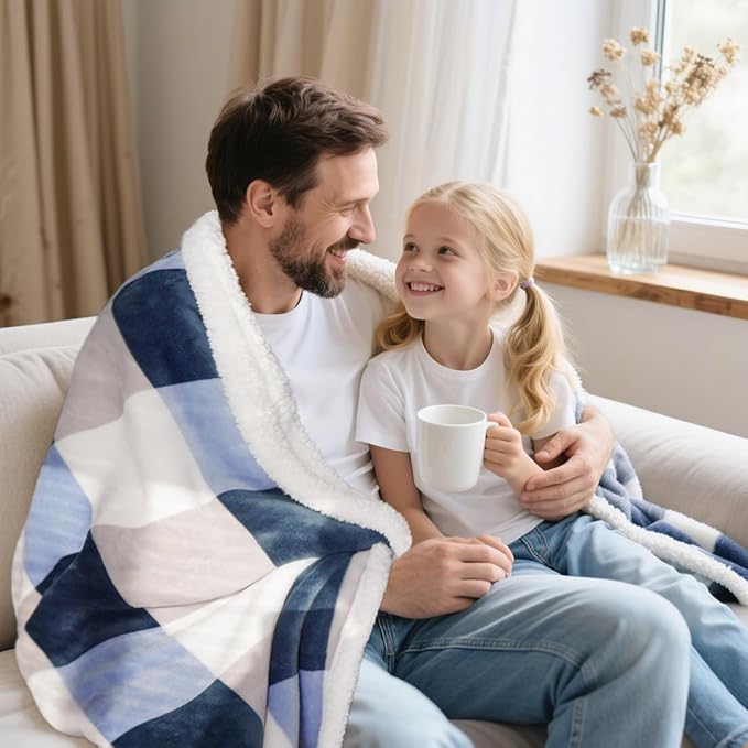 Sherpa Blanket Fleece Throw Blanket for Couch, Flannel Cozy Thick Warm Soft Twin Blanket for Bed, Gray-Soft Blue, 60x80 Inches