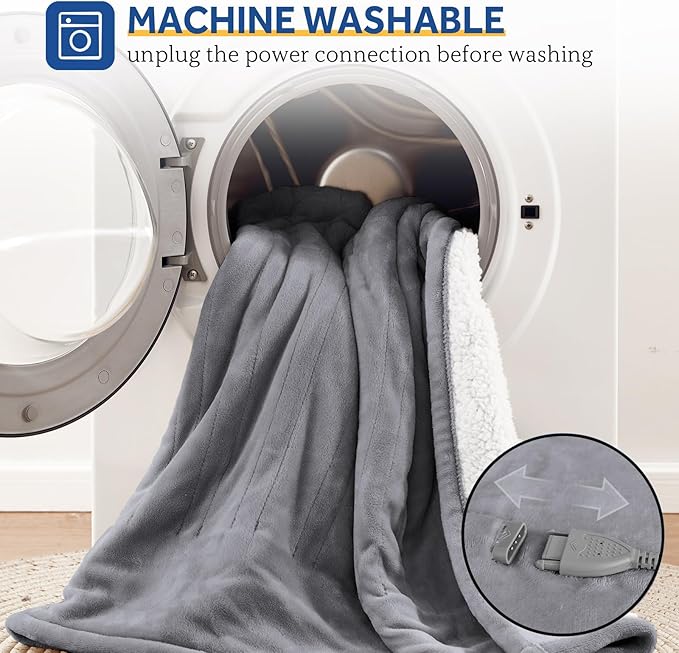 SEALY Electric Blanket King Size, Flannel & Sherpa Heated Blanket with 10 Heating Levels & 1-12 Hours Auto Shut Off, Fast Heating Warming Blanket, Machine Washable, Light Grey, 100 x 90 Inch