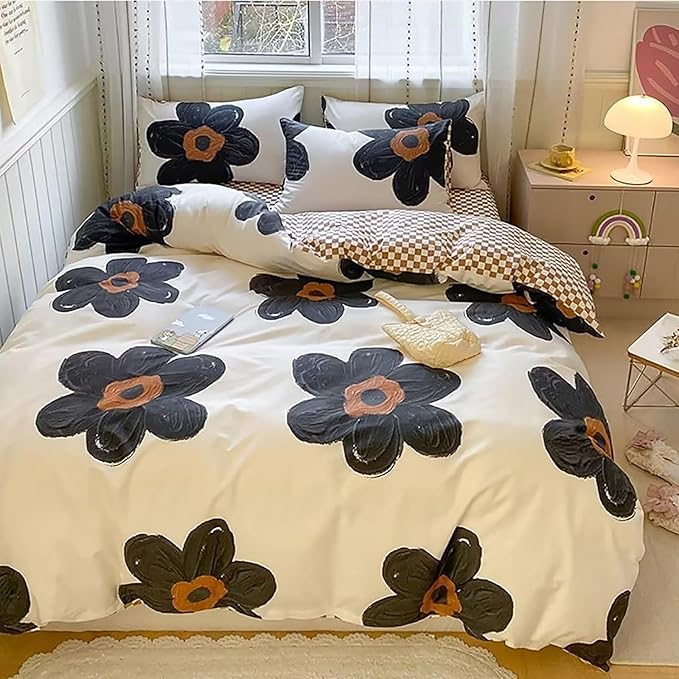 Cottonight Black and White Floral Comforter Twin Big Flower Chic Bedding Boho Modern Elegant Breathable Quilts Blankets Lightweight Comforter Set with 2 Pillowcases