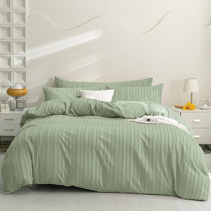 JELLYMONI Duvet Cover Full Size Light Green - 3PCS Boho Striped Duvet Cover Set Polyester Tufted Bohemian Textured Comforter Cover 80×90in with Corner Ties & Zipper and 2 Pillowcases