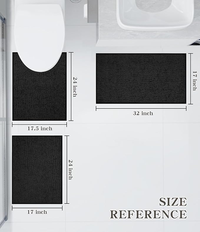 Chakme Bathroom Rug Sets 3 Piece, Ultra Thin Bath Mat Quick Dry, Absorbent, Non Slip, Machine Washable, Black