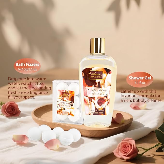 Fresh Rose Spa Gift Set for Women, 8-Piece Relaxing Bath Set with Shower Gel, Bubble Bath, Body Lotion, Self Care Gift for Any Occasion, Birthday Gifts for Women, Spa Kit for Mom Gifts