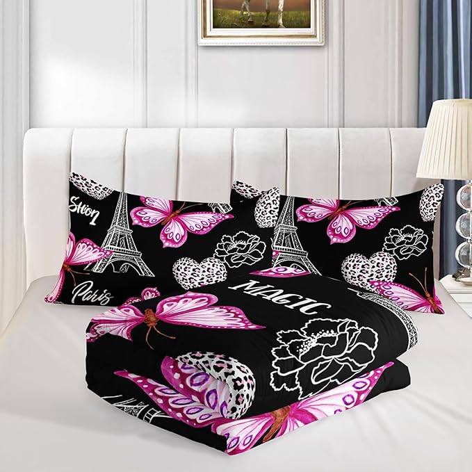 Pink Butterfly Comforter King Bedding Sets for Girls, Eiffel Tower Leopard Heart Pattern Bedding Sets with 2 Pillowcases,Aesthetic Bedding for Women Girls Bedroom Paris Decor.