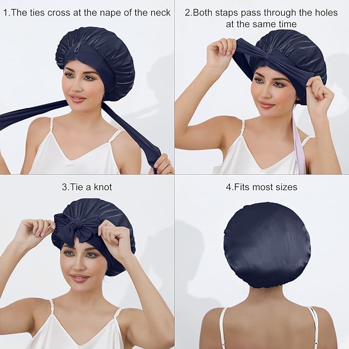 ZIMASILK 100% Mulberry Silk Bonnet for Sleeping Women Long Hair Double Layer Silk Hair Wrap with Tie Band Stay On Head (1Pc, Navy Blue)