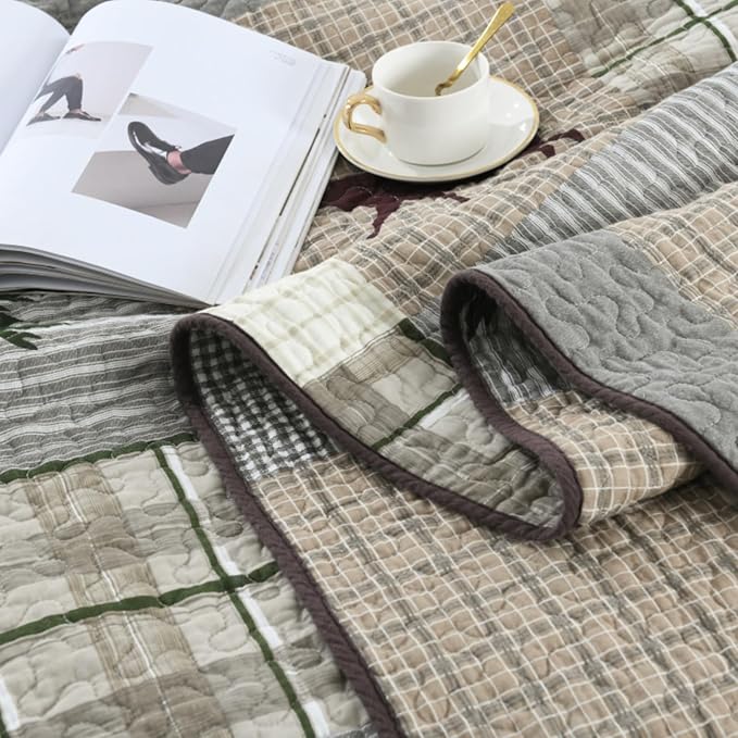 Uniclinens Quilt Set Queen Size, Cotton Quilted Quilt Bedding Set Bedspread, Bear Tree Elk Farmhouse Rustic Quilt, Patchwork Plaid Comforter Set, 3 Pieces Set with 2 Pillowshams, Brown/Grey/Green