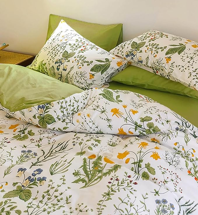KAREVER Botanical Comforter Set Twin Cotton White and Green Floral Plant Bedding Set Garden Pattern Printed on White Reversible Blanket 3 PCs 1 White Comforter 2 Pillowcases