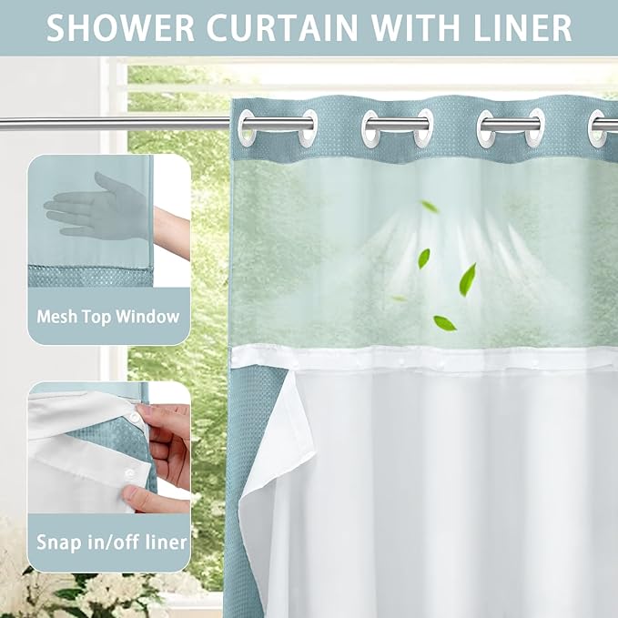 YellyHommy No Hook Shower Curtain with Snap in Liner Set Less Waffle Shower Curtain for Bathroom (Cyan, 87" L x 72" W)