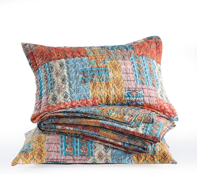 ENASAL Cotton Bedspread Quilt Bedding Sets Reversible Coverlet Comforters Vintage Bohemian Patchwork Pattern Bedspread for All Season, King Size