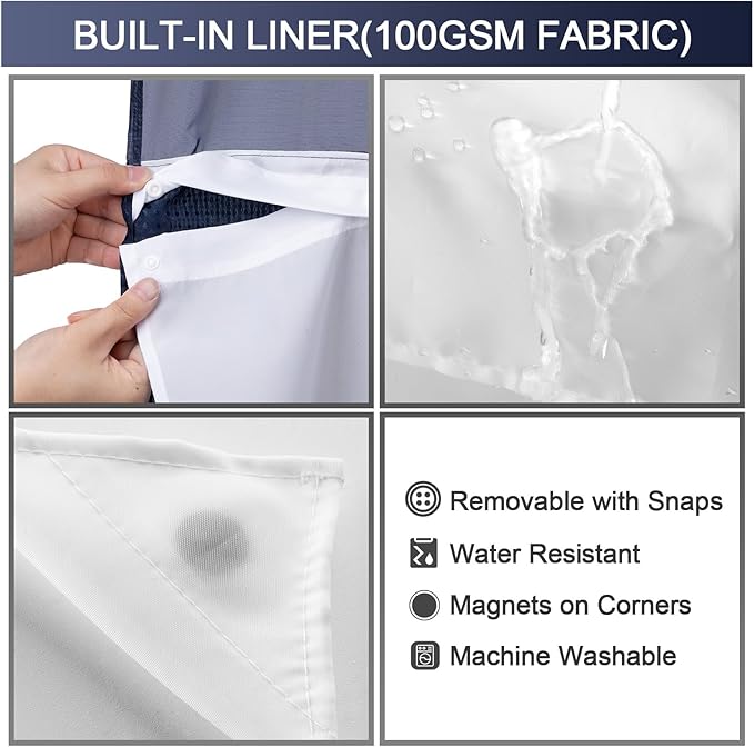 YellyHommy No Hook Shower Curtain with Snap in Liner Set Less Time Navy Blue Waffle Shower Curtain for Bathroom 75" L x 72" W