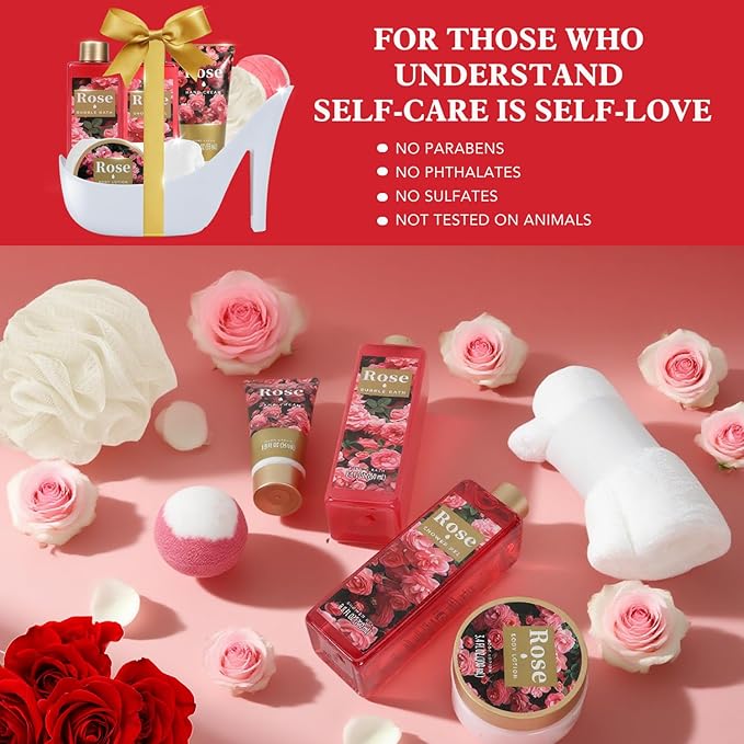 Romantic Rose Christmas Gifts for Women Spa Gift Basket, Bath Set with Bath Bombs & Body Lotion, Anniversary Valentine's Day Gifts for Her, Wife, Girlfriend