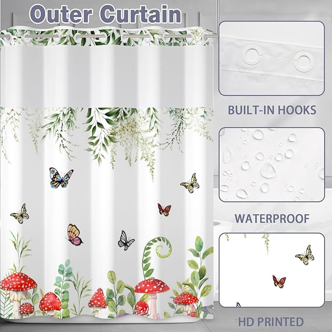 Spring Shower Curtain No Hooks with Snap-in Fabric Liner Set,Green Leaf Mushroom Butterfly Shower Curtain for Bathroom,Hotel Decor Waterproof Shower Curtains,with See Through Top Window,71W x 74H