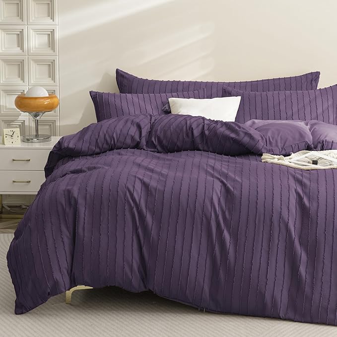 JELLYMONI Duvet Cover Queen Size Purple - 3PCS Boho Striped Duvet Cover Set Polyester Tufted Bohemian Textured Comforter Cover 90×90in with Corner Ties & Zipper and 2 Pillowcases