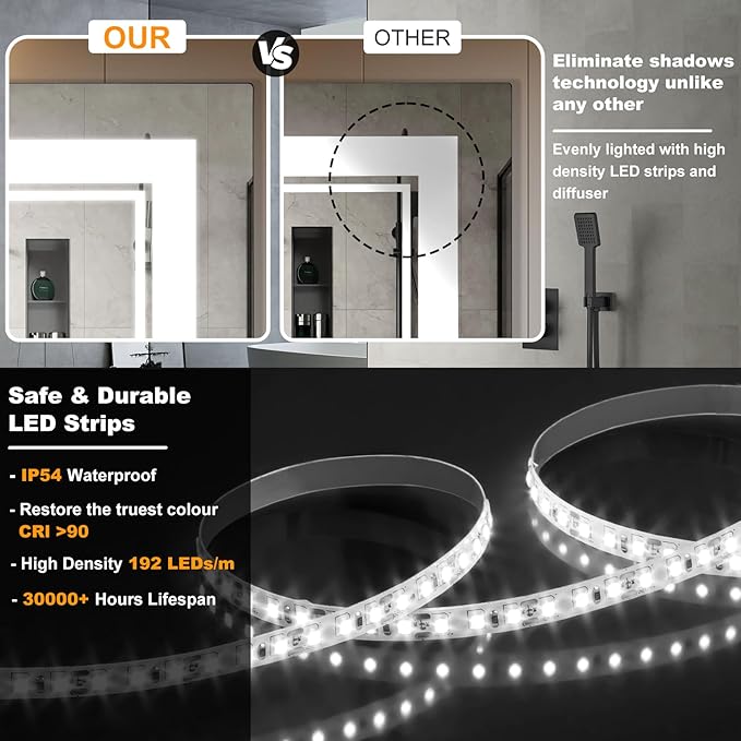 55x30 Inch LED Bathroom Mirror with Frontlit & Backlit（Independent Control）, Lighted Mirror for Bathroom Wall with 3-Color Dimmable & Anti-Fog, Vanity Mirror with Lights