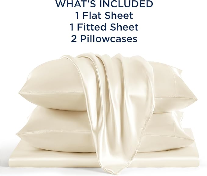 Bedsure Satin Sheets King Size - 4 Piece Silky Bedsheets with 15 Inches Deep Pocket Fitted Bedsheet,1 Flat Sheet, 2 Satin Pillowcases, Good for Hair & Skin (King, Cream)