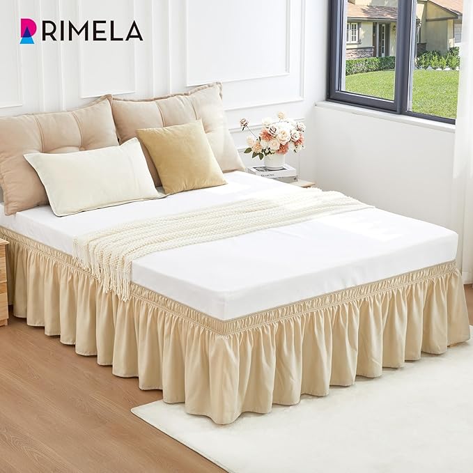 RIMELA Oatmeal Bed Skirt Queen Size 18 Inch Drop, Elastic Bed Skirting for Bed Base and Frame, Bedding Dust Ruffle Easy to Install, Lightweight Wrap Around Adjustable Bedskirt