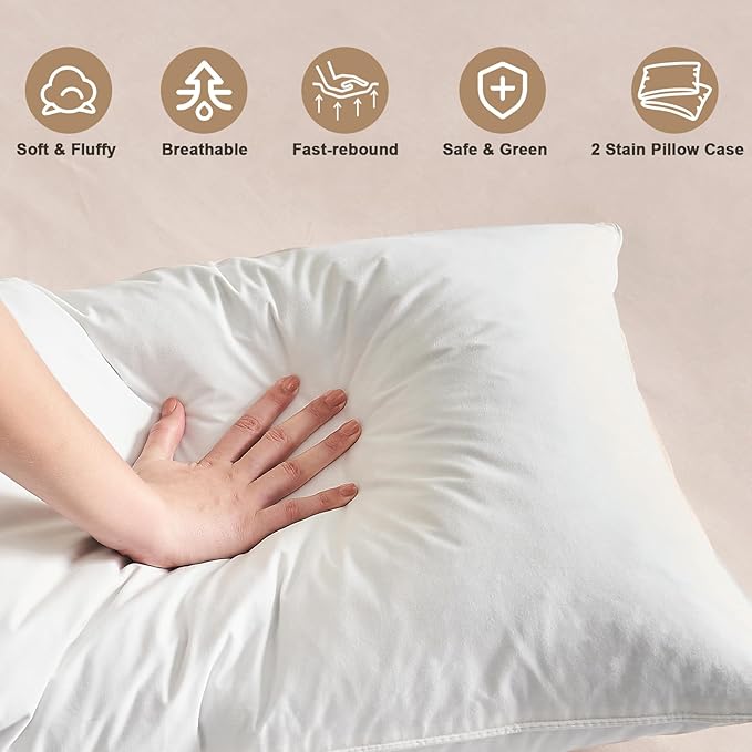 BHZ Satin Goose Down Feather Pillows King Size Set of 2 with White Satin Pillowcase for Hair and Skin, Cooling Pillow Cases Similar to Silk Pillow Cases, Decorative for Women, Mom Men