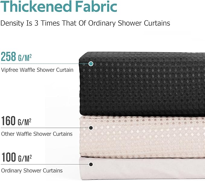 3 in 1 Shower Curtain Set, Waffle Shower Curtain and Liner Set with 12 Double Sided Shower Curtain Hooks, 258GSM Luxury Weighted Cloth Shower Curtains for Bathroom, 72 W x 72 H, Black
