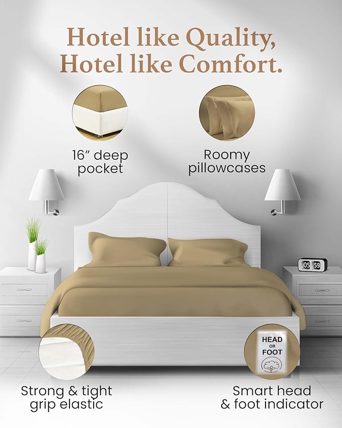 Good Sleep Bedding 100% Egyptian Cotton Queen Sheet Set - 4 Pc, Sheet Set Queen Size, Long Staple Cotton Bed Sheets Queen Set, Luxury Sateen Weave, Queen Deep Pocket Sheet Set 16" - Taupe