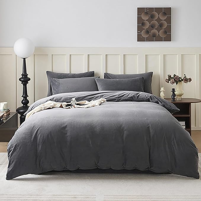 Cottonight Gray Velvet Comforter Set Queen Plush Fluffy Grey Flannel Bedding Comforter Set Full Modern Warm Thick Heavyweight Winter Grey Comforter with 2 Pillowcases for Men Women Hotel Quality