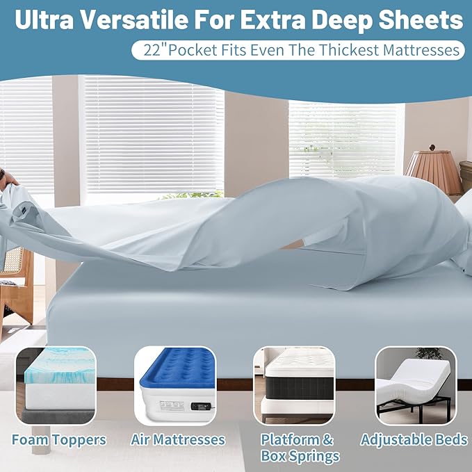Extra Deep Pocket King Sheets 18-24 Inch 1000 Thread Count 100% Egyptian Cotton Sateen Weave Soft Breathable 4 Pieces（King，Light Blue）