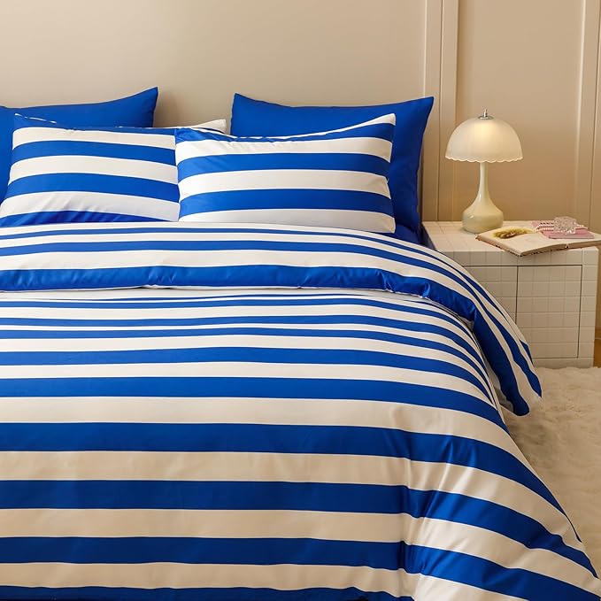 KAREVER Royal Blue White Stripes Comforter Set King Size Royal Blue White Stripes Bedding Set 3 PCs Comforter Set King Size Fluffy Linen Comforter Sets