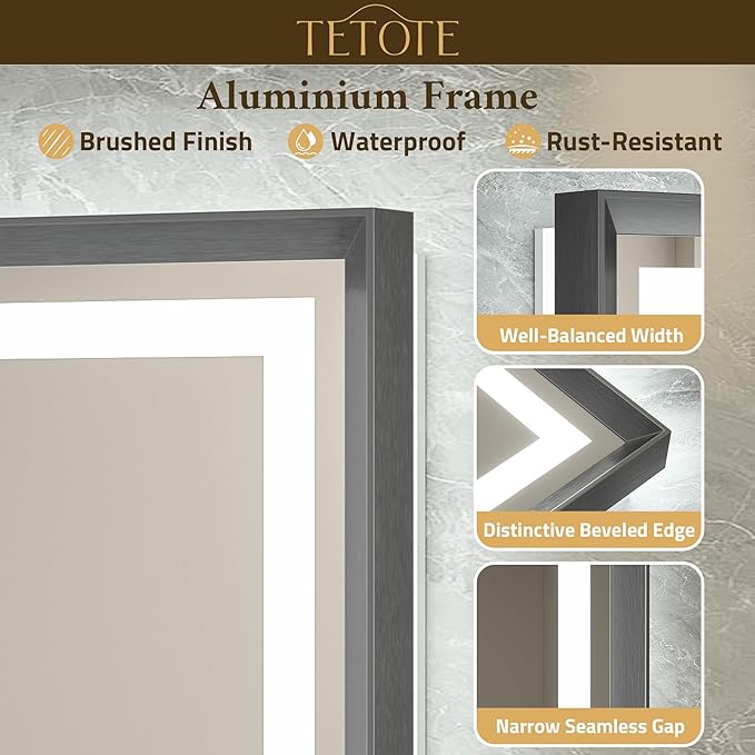 TETOTE 24 x 36 Bathroom LED Mirror Brushed Gunmetal Gray Frame Frontlit & Backlit Vanity Mirror Anti-Fog Stepless Dimmable 3 Colors White/Warm/Natural Wall-Mounted