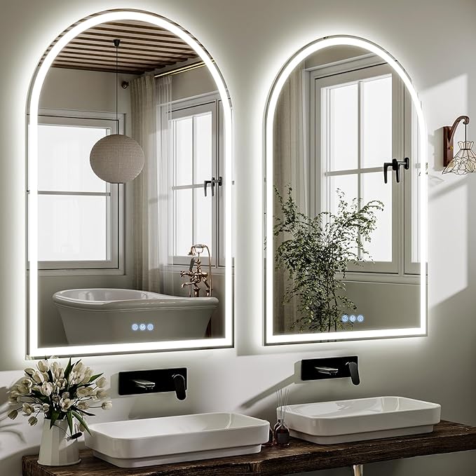 BEAUTYPEAK LED Arch Bathroom Mirrors with Lights, 48x30 Arch Mirror with Metal Frame, Anti-Fog,LED Mirror with Front Light and Backlit, Memory Function for Bathroom, Dressing Room