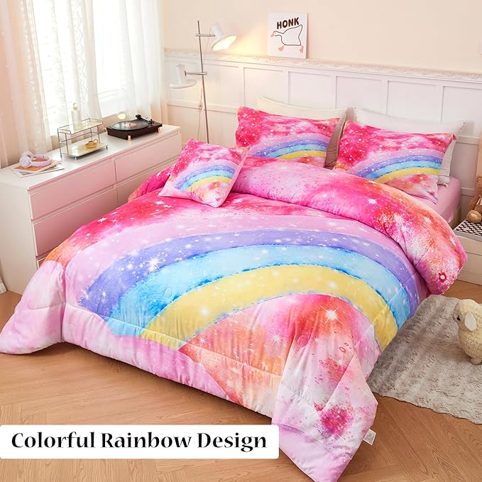 ANGIYUIN 6 Pieces Rainbow Queen Size Bed in A Bag for Girls/Kids/Teens, Colorful Sparkle Tie Dye Girls Comforter Set, Soft Sparkle Glitter Galaxy Bed Sets for All Season