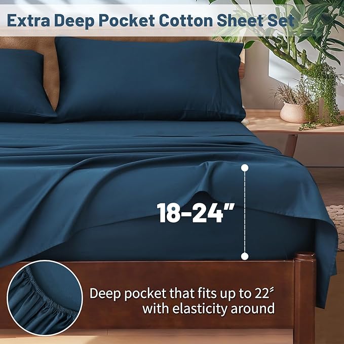 Extra Deep Pocket California King Sheets 18-24 Inch 1000 Thread Count 100% Egyptian Cotton Sateen Weave Soft Breathable 4 Pieces（California King,Navy）