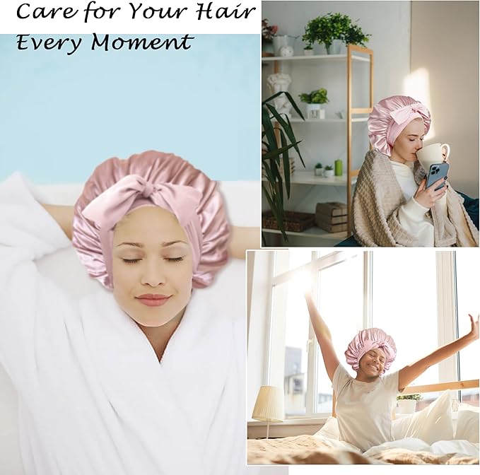 Chloven Mulberry Silk Bonnet for Sleeping Women - Larger Double Layer Silk Hair Wrap Bonnet for Curly Long Hair with Tie Band