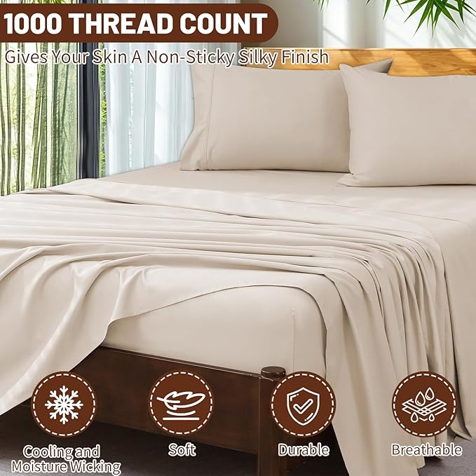 Extra Deep Pocket California King Sheets 18-24 Inch 1000 Thread Count 100% Egyptian Cotton Sateen Weave Soft Breathable 4 Pieces（California King,Linen）