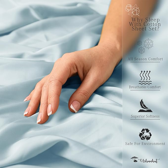 URBANHUT 700 Thread Count King Size Egyptian Cotton Sheets, 4Pc Sheet Set Soft Luxury Bed Sheets for King Size Bedding, Sateen Weave Hotel Bedsheets, 16'' Elasticized Deep Pocket - Light Blue