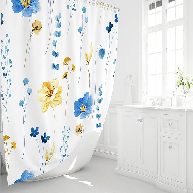 Gibelle Watercolor Floral Shower Curtain, Blue Yellow Flower Shower Curtain for Bathroom, Modern Minimalist Waterproof Fabric Shower Curtain Set with Hooks 72x72 Inch