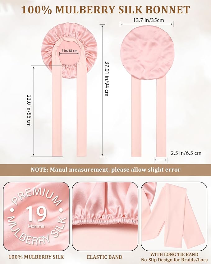 AWAYTR Mulberry Silk Bonnet for Sleeping - Silk Sleep Bonnet with Tie Band for Curly Hair Men and Women (Pink)