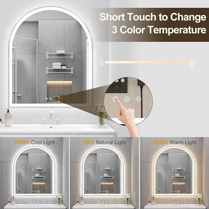 Arched LED Mirror for Bathroom 30"x36", Brushed Nickel LED Bathroom Mirror with Lights-Fogless, Dimmable, 3 Color Changing, Touch Sensor