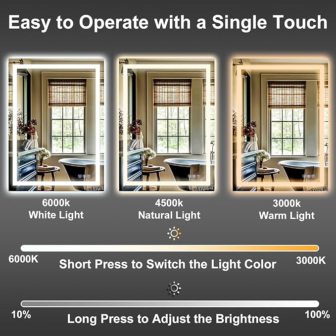 GLSLAND LED Bathroom Mirror - 24"x32" Anti-Fog Wall Mirrors with Memory Function, Dimmable, Frontlit & Backlit, Horizontally/Vertically, Tempered Glass