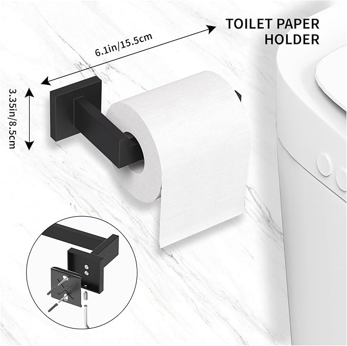 Bathroom Accessory Towel Bar Set: 5 Pieces Matte Black Bathroom Hardware Square SUS304 Stainless Steel - Wall Mounted Towel Rack&Toilet Paper Holder&Towel Ring and Robe Hooks.