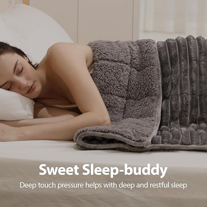 Sherpa Fleece Weighted Blanket with 3D Ribbed Stripes, 15 lbs Soft Flannel Heavy Throw Blanket for Couch Full Size Bed, Heavy Thick Blankets with Ceramic Beads, Great for Deep Sleep, 60" x 80"