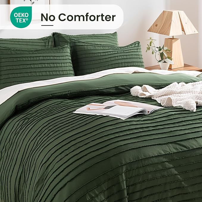 NEXHOME PRO Duvet Cover Queen Size, Blue 3 Pieces Boho Tufted Duvet Cover Set, Soft and Lightweight Microfiber Comforter Cover Set for All Season (Forest Green,90 x 90)-No Comforter