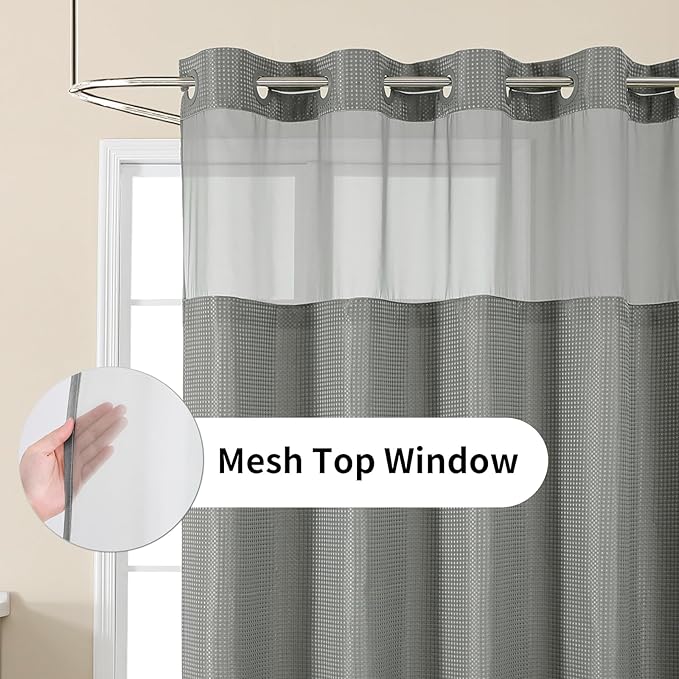 Colorful Star No Hook Shower Curtain with Snap in Fabric Liner, Waffle Weave Heavy Duty Thick Shower Curtains with Mesh Top Window, Hotel Style Waterproof Bathroom Curtain Set, 72 x 75 Inch, Grey