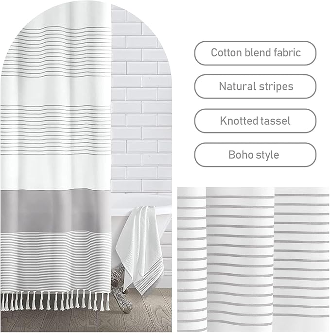 Awellife Boho Gray Shower Curtain for Bathroom Stripe Tassel Shower Curtain 72 X 72 Inches Farmhouse Cotton Grey