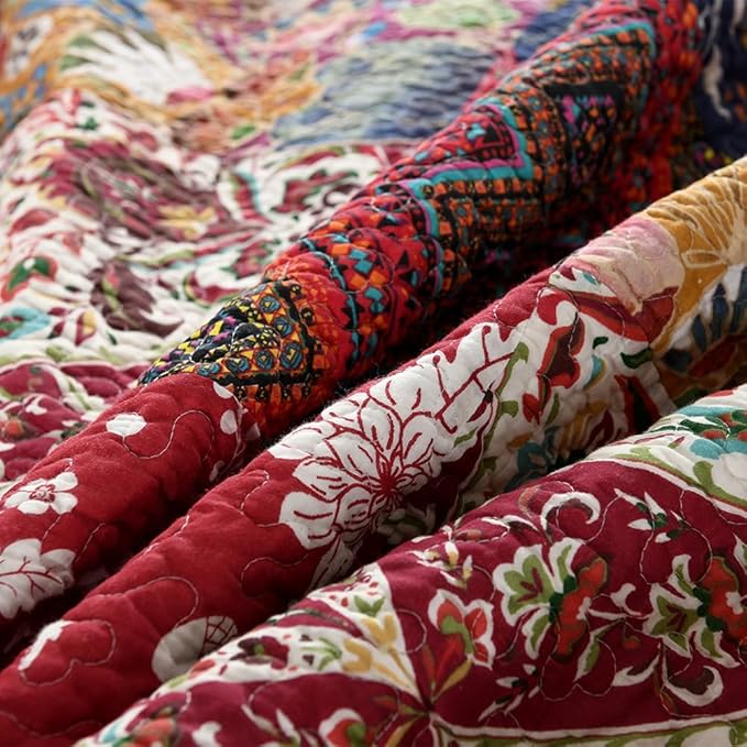 Cotton Bedspread Quilt Bedding Sets 3 Pieces Reversible Coverlet Sets Comforters Gorgeous Paisley Floral Patchwork Red Bedspread, King Size