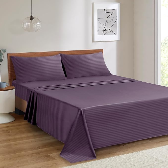 Mejoroom Striped King Size Bed Sheet Set - Hotel Luxury 1800 Bedding Sheets & Pillowcases - 15" Deep Pocket Fitted Sheet, Soft, Breathable, Wrinkle & Fade Resistant - 4 Piece(02-Purple)