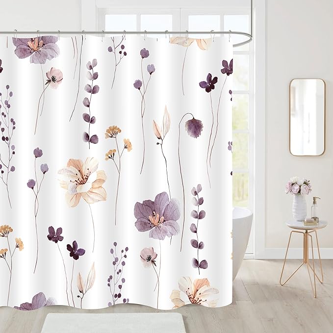 Gibelle Long Shower Curtain 72 x 78, Watercolor Floral Fabric Shower Curtain, Plum Beige Flower Decorative Bathroom Shower Curtain Set with Hooks
