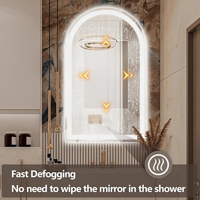 Niccy Arched LED Bathroom Mirror, 33x20 Arch Wall Mounted Frameless Bathroom Mirror for Vanity, Smart Lighted Frontlit Mirrors with Memory Function for Bathroom Bedroom Beauty Hair Salon
