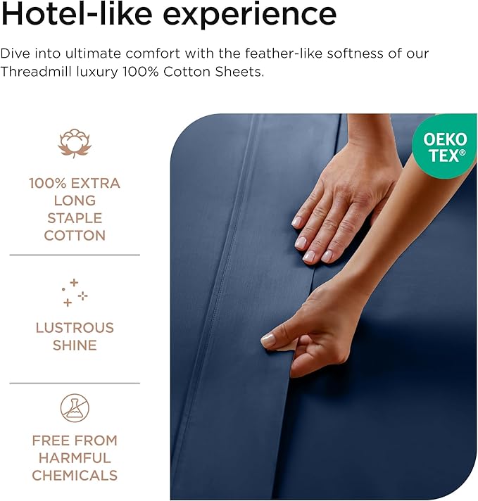 Threadmill 100% Cotton Sheets for Twin XL Size Bed - 600 Thread Count Twin XL Bed Sheets Set with 15” Deep Pocket - Sateen Weave 3-Piece Bedding Set with Cooling Effect, Folkstone Blue