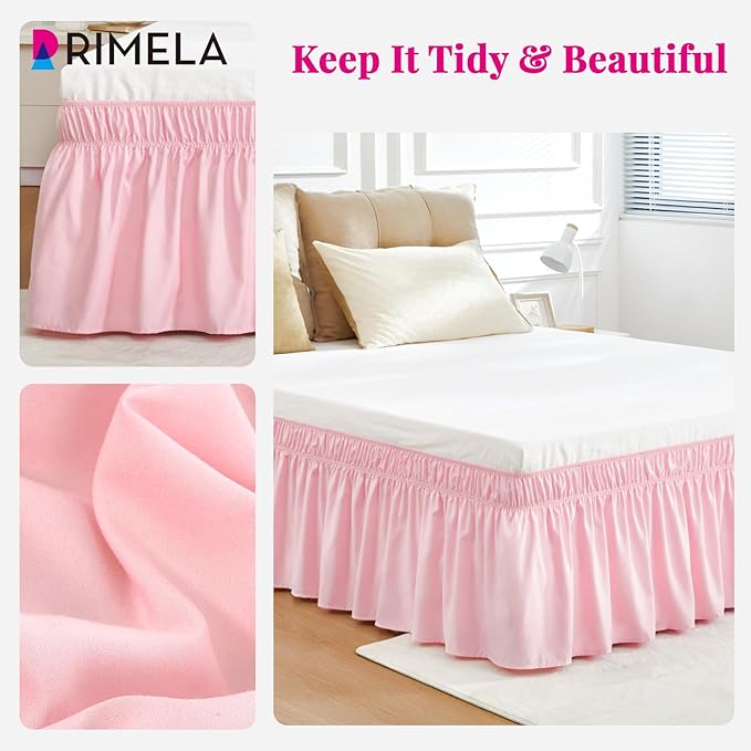 RIMELA Pink Bed Skirt Queen Size 18 Inch Drop, Elastic Bed Skirting for Bed Base and Frame, Bedding Dust Ruffle Easy to Install, Lightweight Wrap Around Adjustable Bedskirt